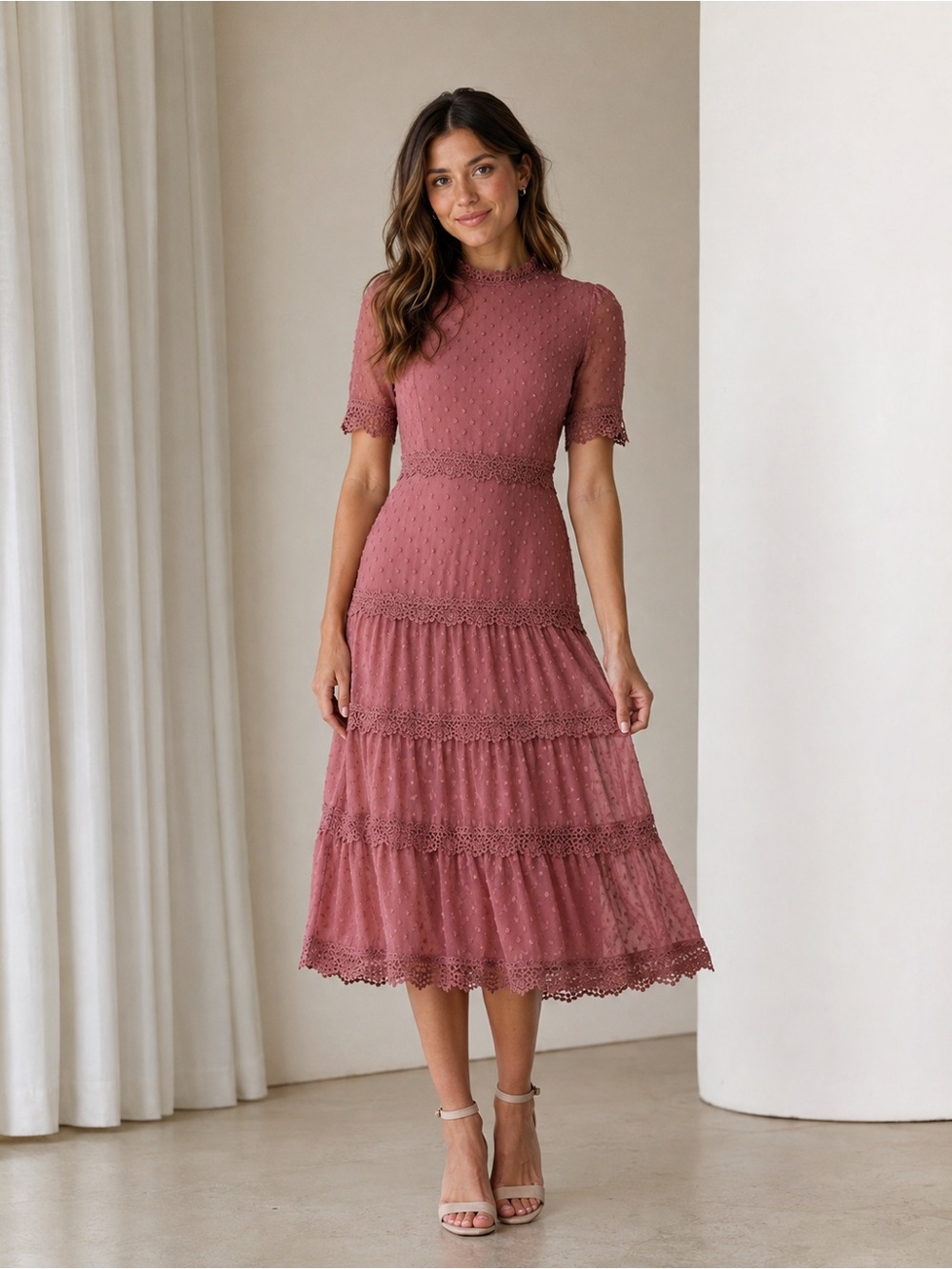 Lulus Women’s Mauve Swiss Dot Lace Midi Dress Size M Dust Rose Party Dress